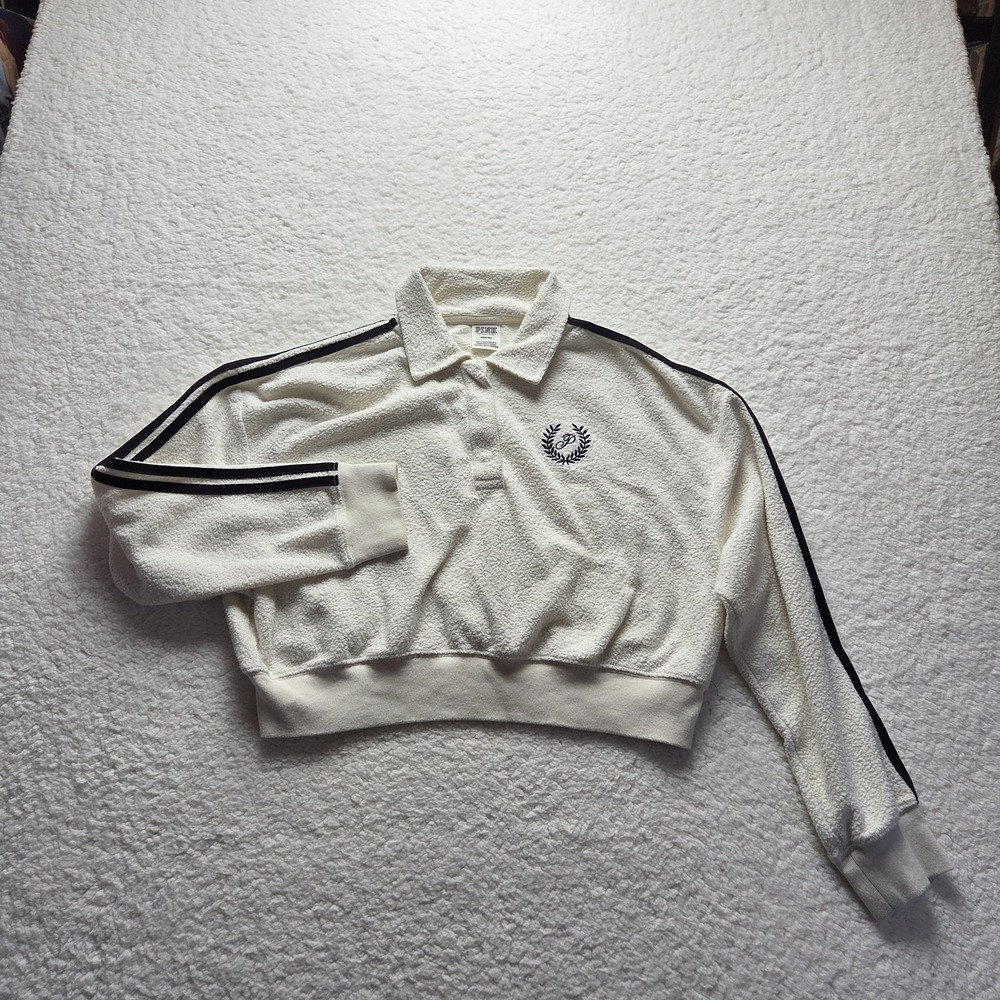 PINK Victoria's Secret Sweatshirt Womens Medium White Collared Stripe Fleece - Picture 2 of 10